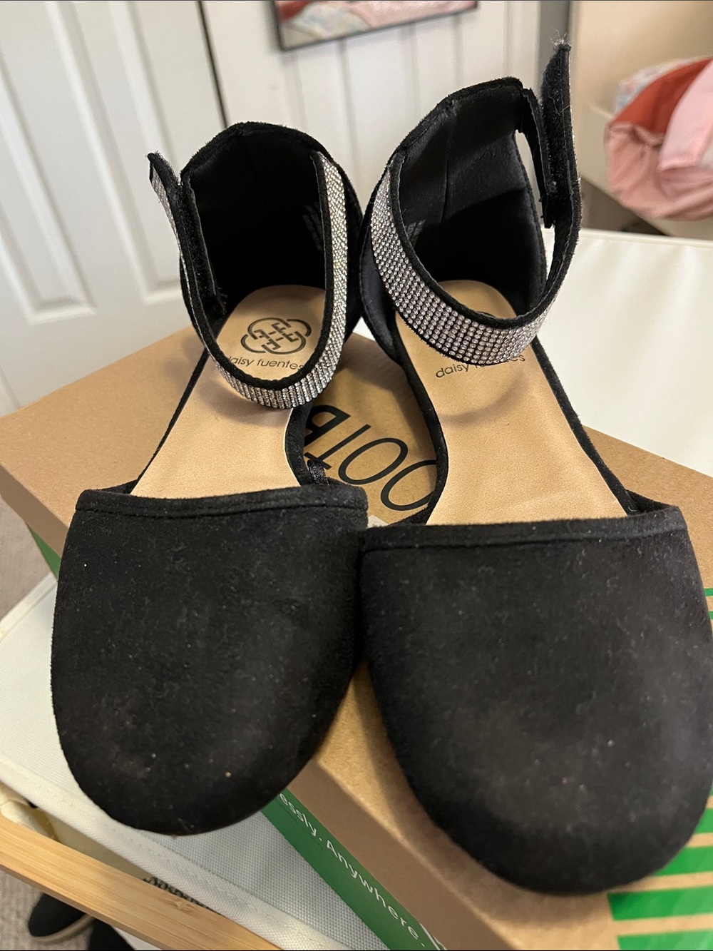 Daisy Fuentes Black Flat Sandals with Rhinestone Ankle Strap